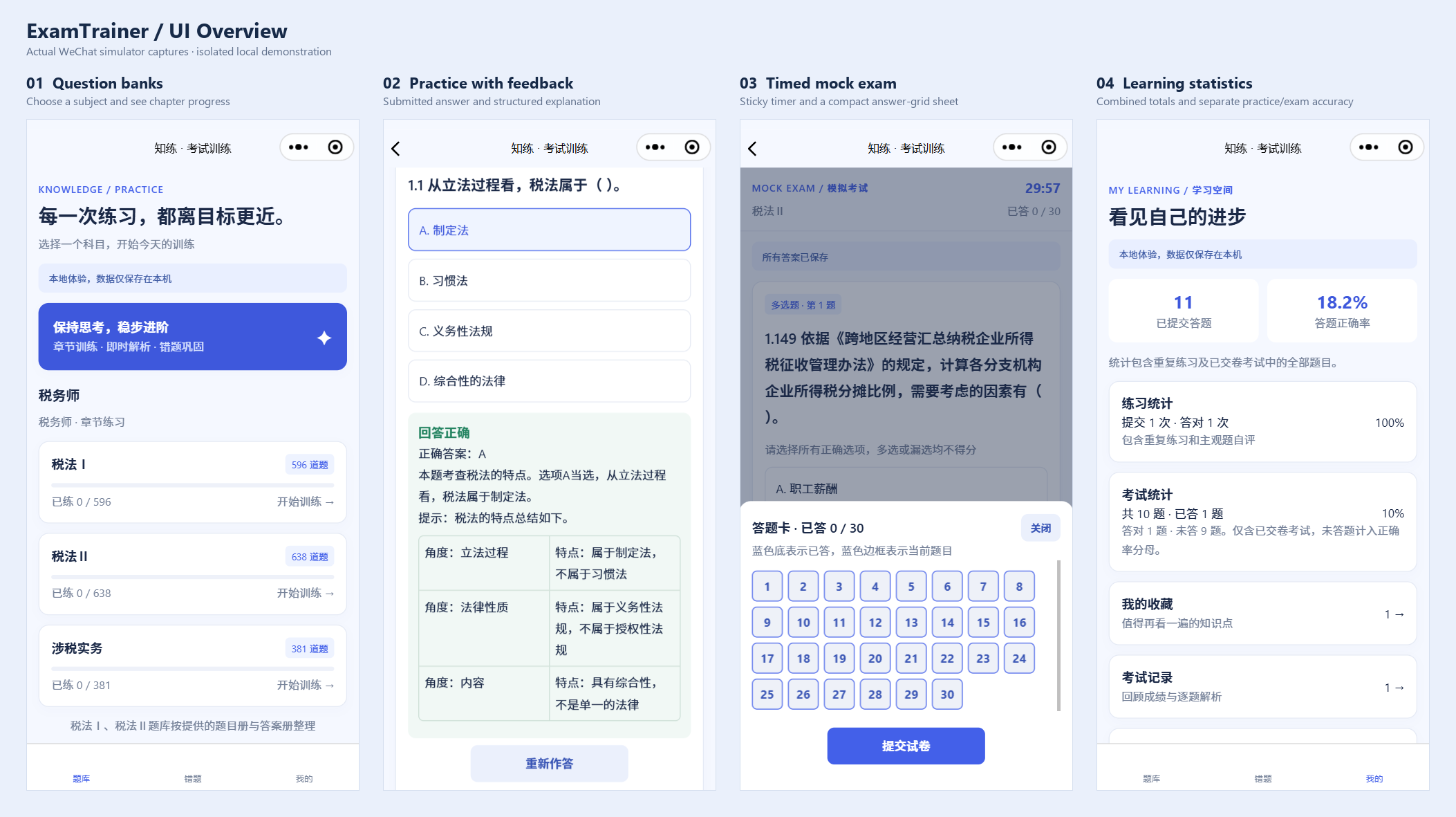 Four screens from 知练: question-bank home, practice with answer feedback, a timed mock exam and its answer grid, and learning statistics.